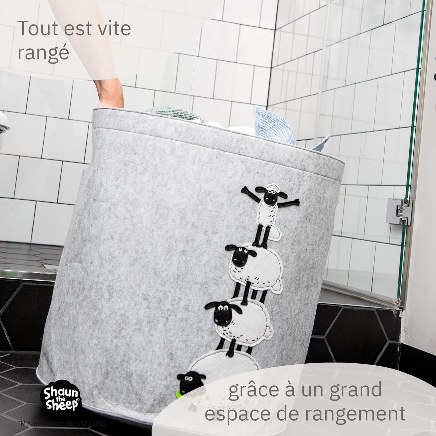 Panier à linge sale gris en feutre motif 4 moutons Lifeney Shaun le mouton