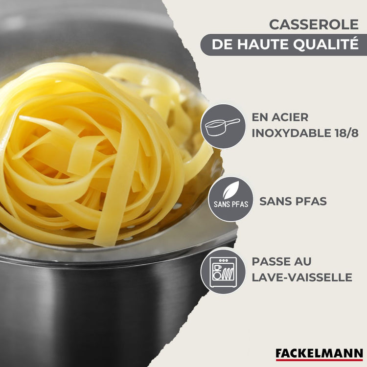 Batterie de cuisine avec 3 casseroles 12/16/20 cm en inox et 5 ustensiles de cuisine sans PFAS Fackelmann Généva Vario