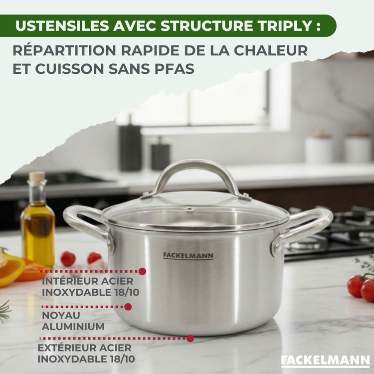 Batterie de cuisine avec 1 poêle 24 cm 3 casseroles 14/18 cm et 1 couvercle de cuisson universel sans PFAS Fackelmann Vita3