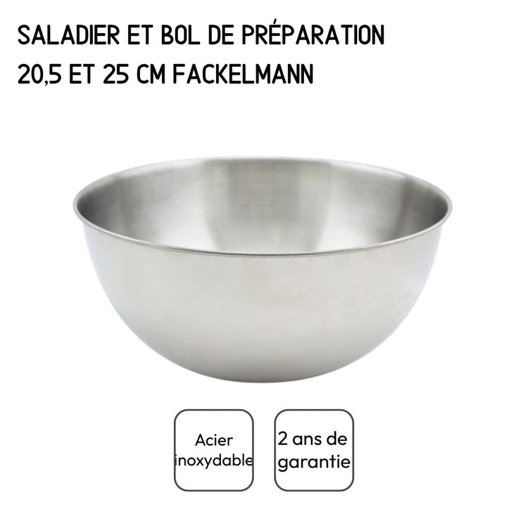 Set de 2 Saladiers en inox de 20,5 cm et 25 cm de diamètre et couverts à salade en plastique Fackelmann