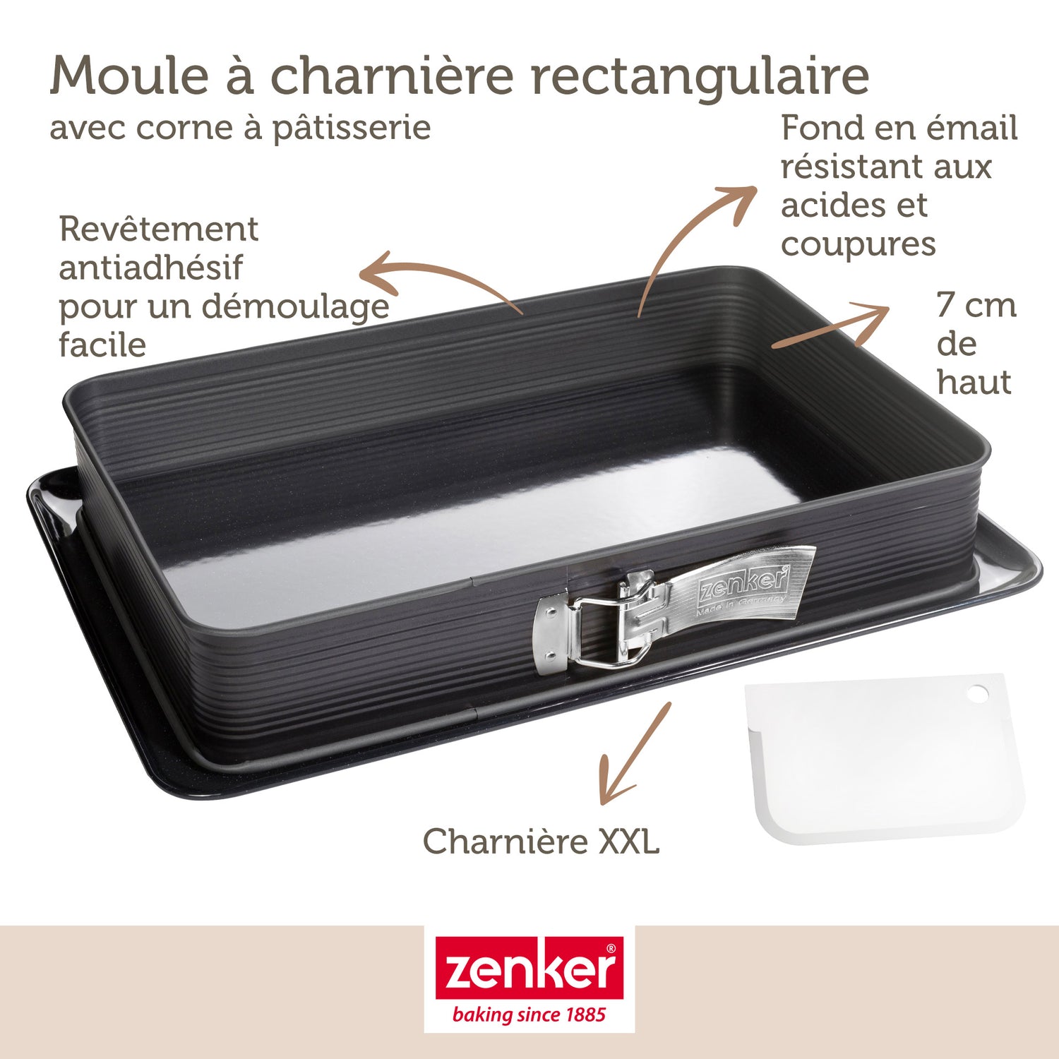 Moule à charnière rectangulaire en acier émaillé 42 x 29 cm et sa spatule Zenker Deluxe