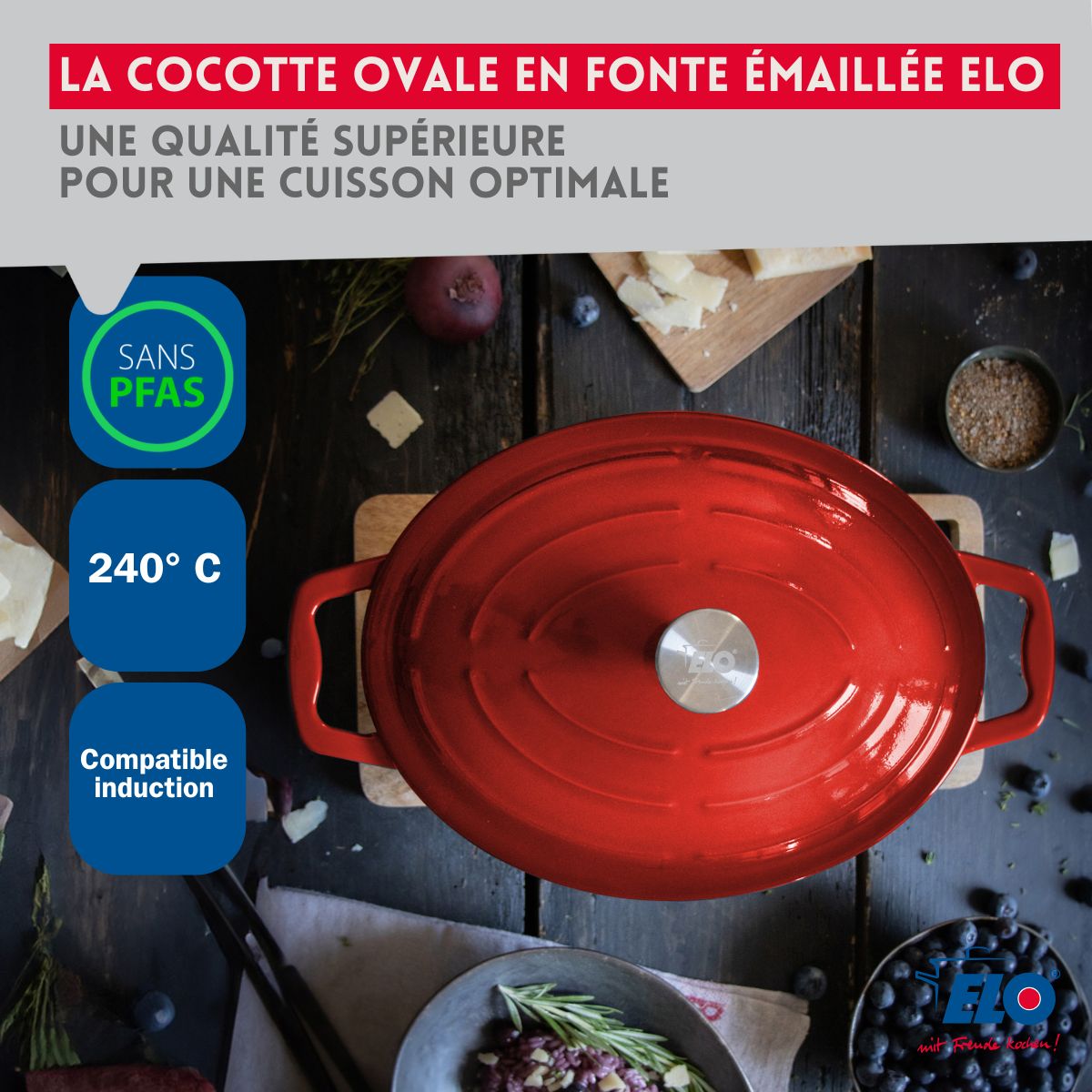 Cocotte en fonte émaillée rouge cerise 33 cm 5 L Elo