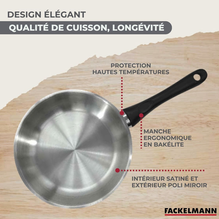 Set poêle 24 cm en inox, couvercle verre et 6 ustensiles Fackelmann Geneva