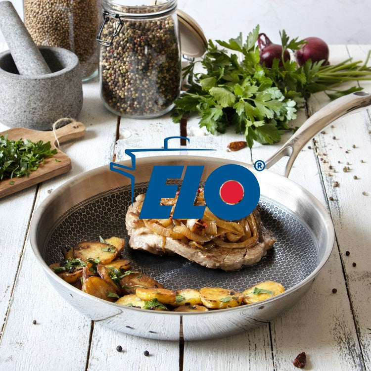 Batterie de cuisine avec 2 poêles de cuisson 24/32 cm et 1 faitout 12 cm en acier inoxydable sans PFAS Elo Collection Relief Solution Brillant