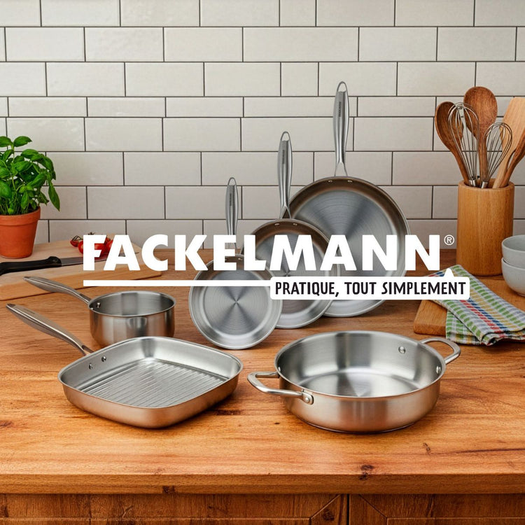 Poêles à Frire 26 28 cm, Casseroles 14 et 18 cm, Faitouts 20 24 cm inox 18/10 Triply et Couvercle Fackelmann Vita3