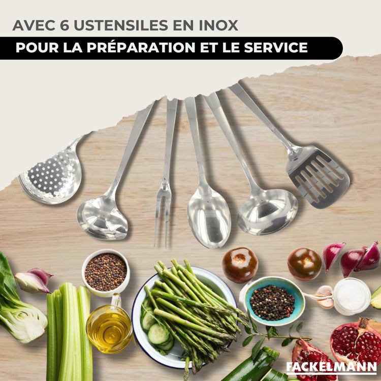 Set 2 poêles 20 et 28 cm, 3 casseroles en inox et 6 ustensiles inox Fackelmann Geneva