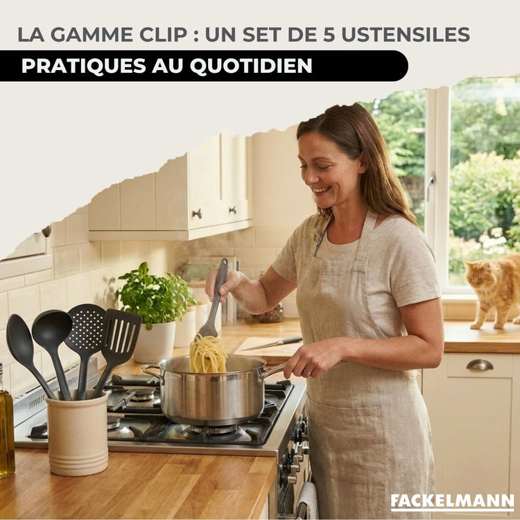 Batterie de cuisine avec 3 faitouts 16/20/24 cm et 1 poêle 28 cm avec 6 ustensiles de cuisine Fackelmann Etherna Brillant Clip avec couvercles